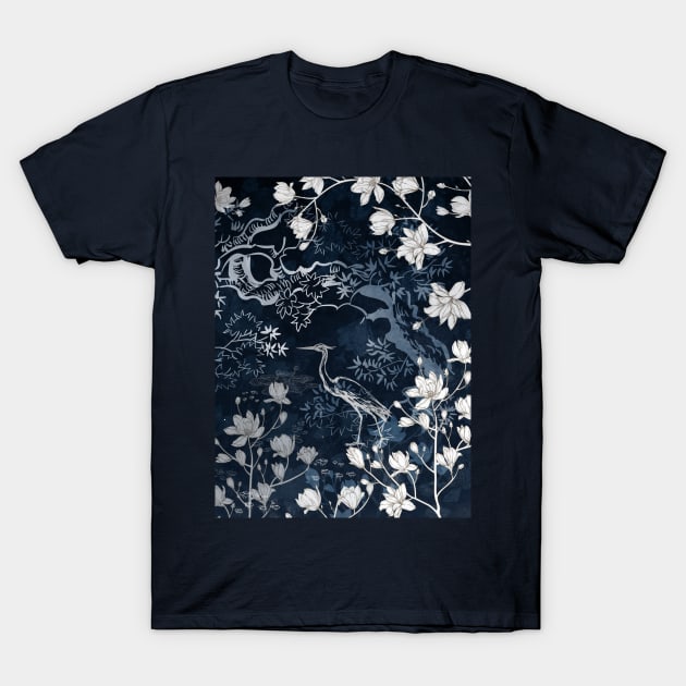 Heron bird on dark background with magnolia e sakura tree T-Shirt by sinemfiit